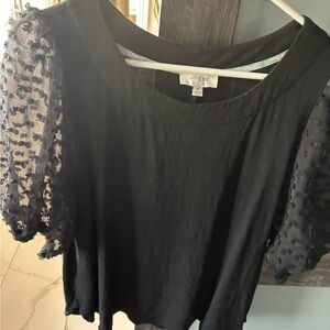 Umgee Black Blouse with Textured Sheer Sleeves